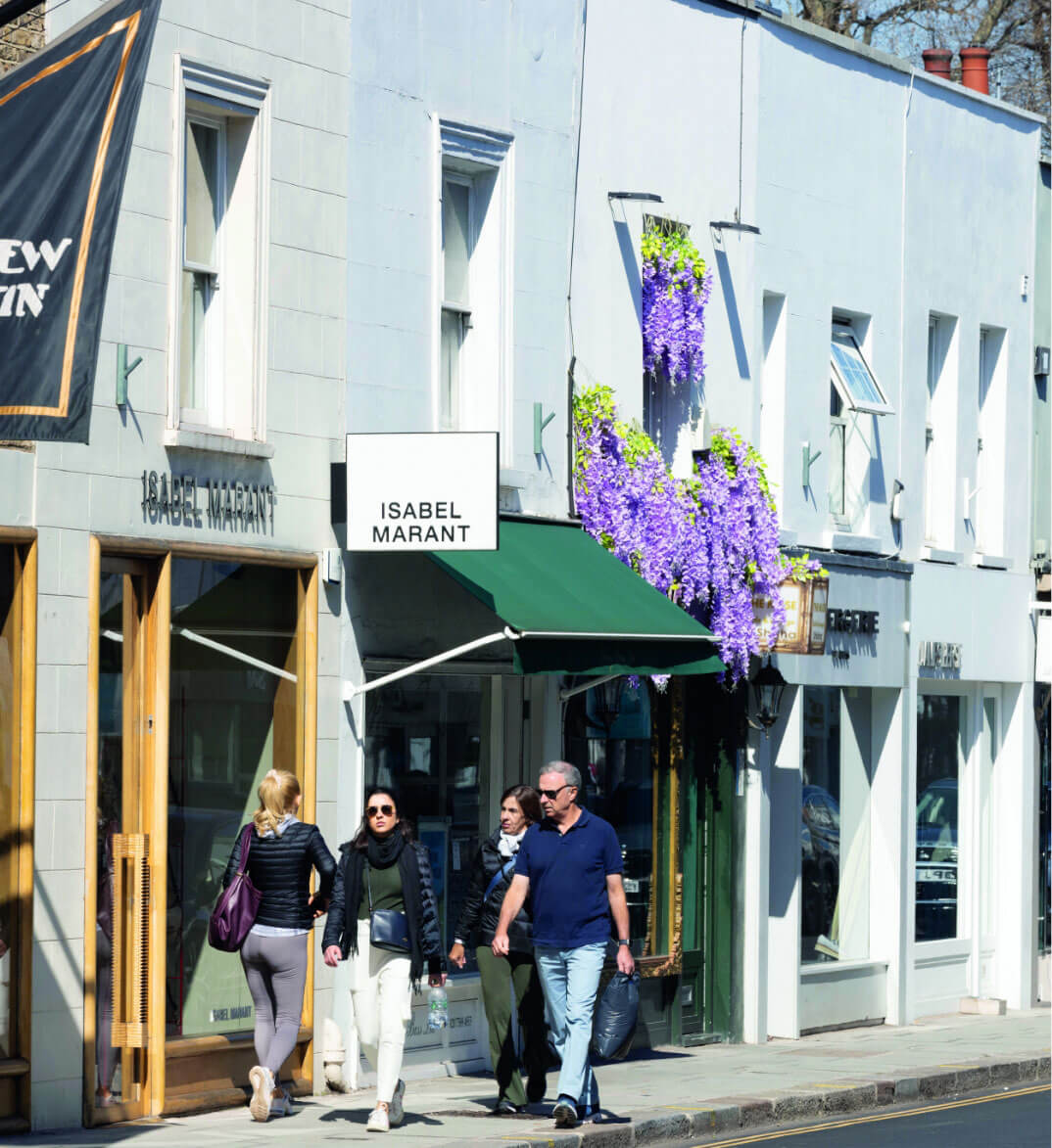 Shops and people walking in South Kensington near Isabel Marant